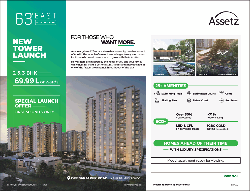 Special launch offers first 50 unit only at Assetz 63 East in Bangalore